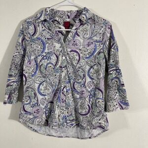 212 Collection Paisley Button Up Shirt Womens PM Purple Blue 3/4 Sleeve